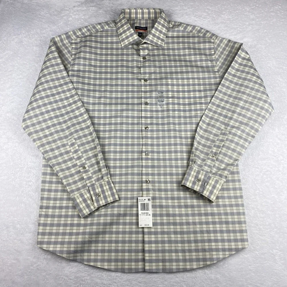 Van Heusen Shirt Mens 17-17.5/34-35 Blue/Cream Plaid Stain Shield Stretch NWT!